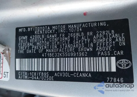 2005 Toyota Camry Std from USA, damaged, VIN 4T1BE32K55U991962